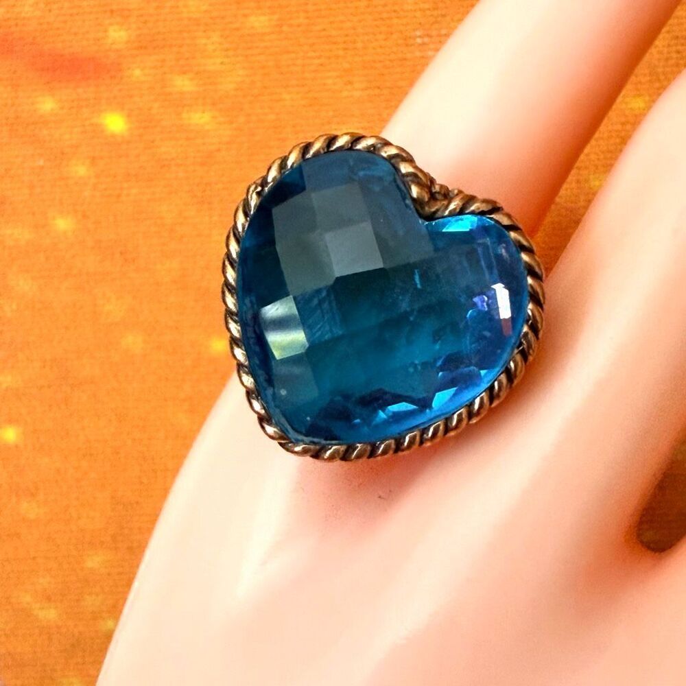 Sajen Blue Quartz Heart Statement Ring Gold Tone Filigree